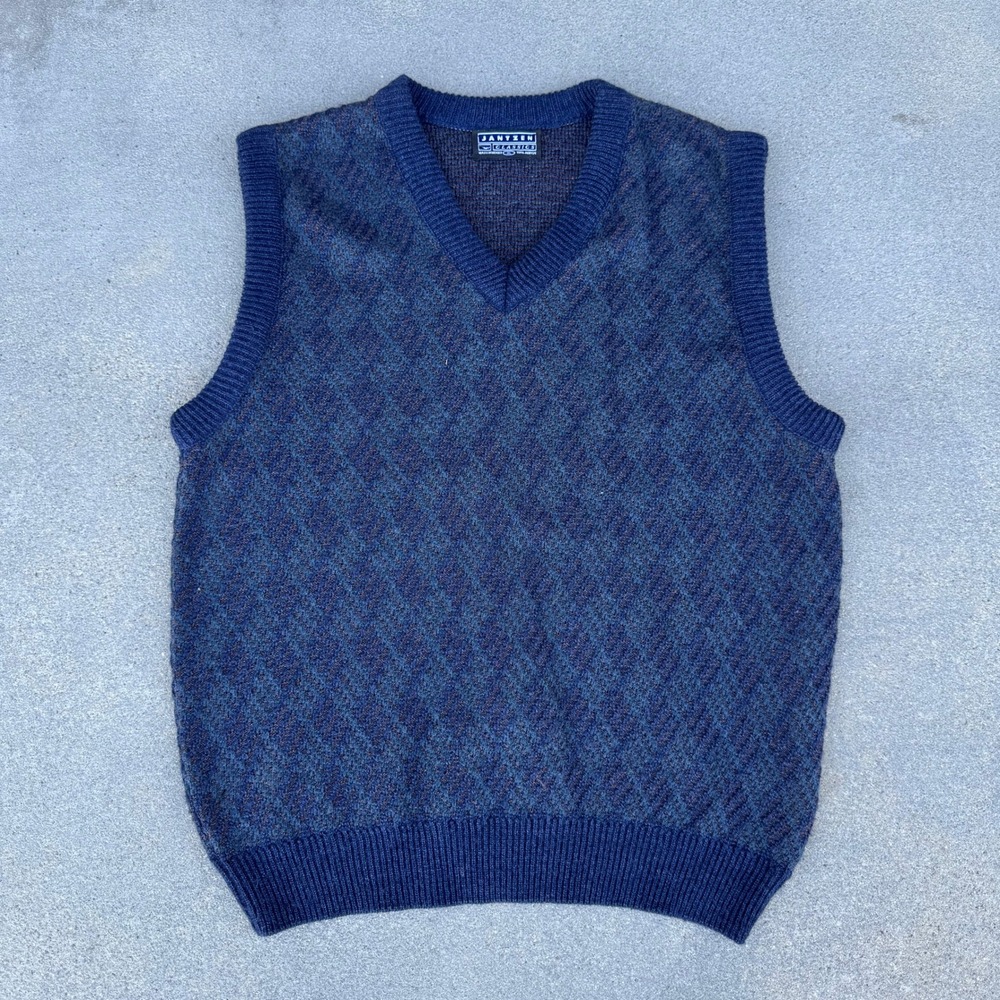 Vintage Jantzen Classics Men XL Navy Blue Diamond Knit V-Neck Sweater Vest